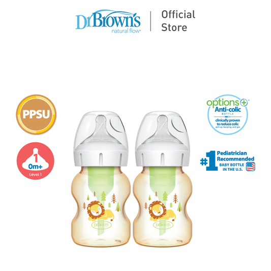 Dr. Brown’s Anti-Colic Options+ PPSU Wide Neck 5oz/150ml Bottle, Lion, 2 Bottles, Level 1 Teat