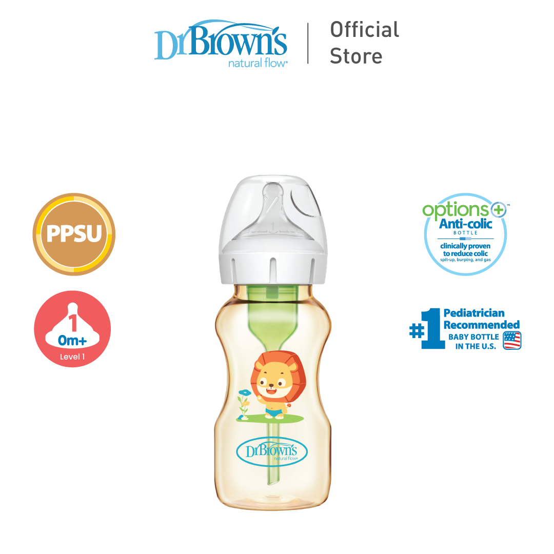 Dr. Brown’s Anti-Colic Options+ PPSU Wide Neck 9oz/270ml Bottle, Lion, 1 Bottle, Level 1 Teat