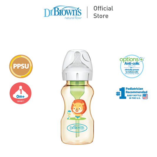 Dr. Brown’s Anti-Colic Options+ PPSU Wide Neck 9oz/270ml Bottle, Lion, 1 Bottle, Level 1 Teat