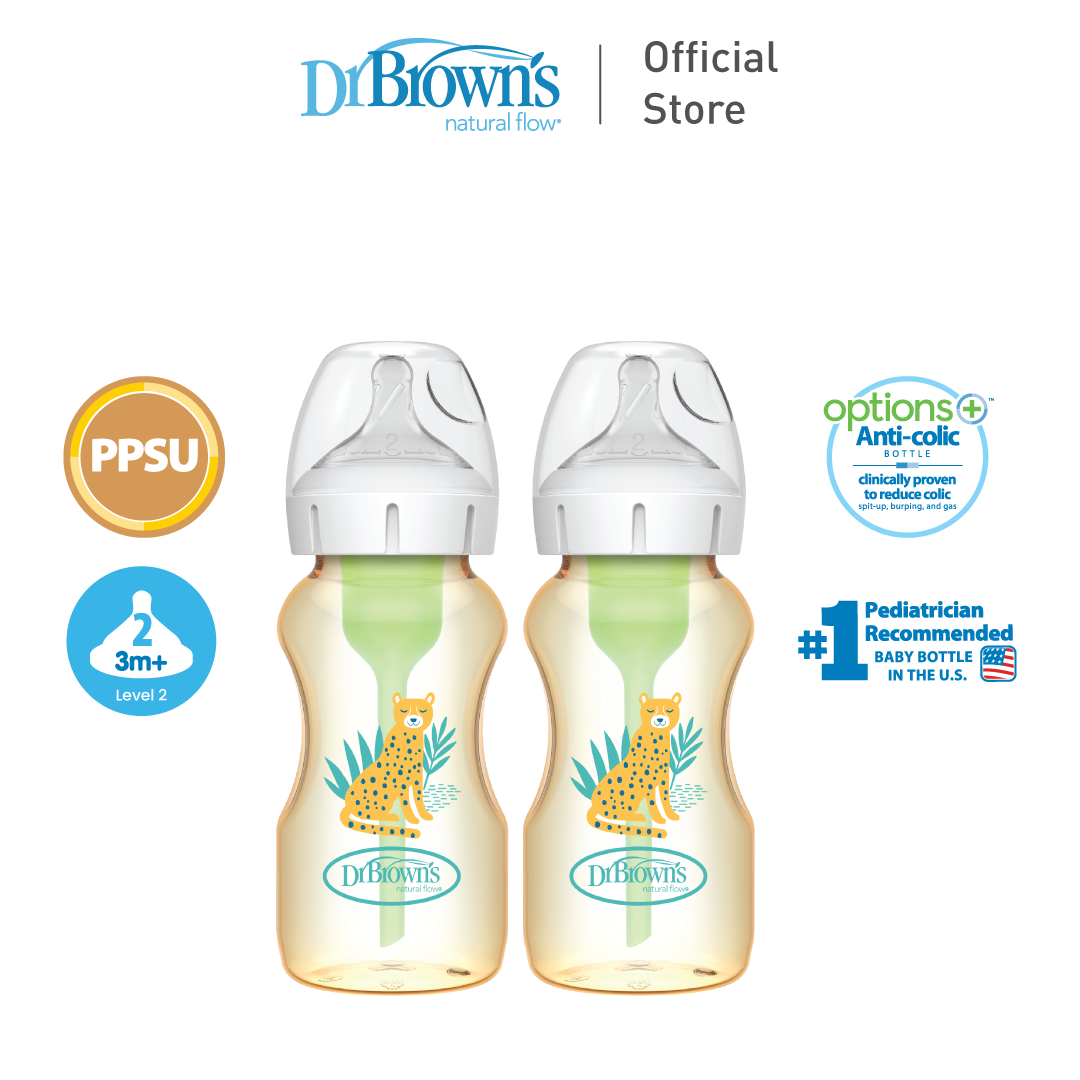 Dr. Brown’s Anti-Colic Options+ PPSU Wide Neck 9oz/270ml Bottle, Cheetah, 2 Bottles, Level 1 Teat
