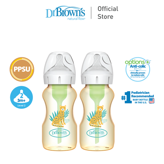 Dr. Brown’s Anti-Colic Options+ PPSU Wide Neck 9oz/270ml Bottle, Cheetah, 2 Bottles, Level 1 Teat