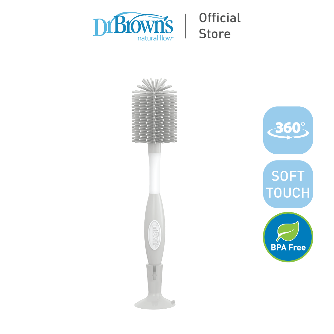 Dr. Brown's Soft Touch Baby Feeding Bottle Brush (Non-Metal, No Sponge), Blue/Pink/Grey