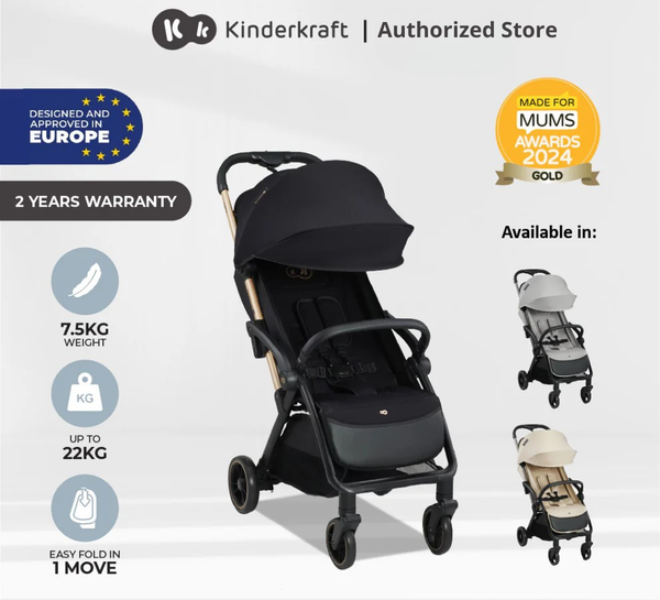 Kinderkraft Stroller Apino Lightweight Foldable For Newborn Up To 22Kg(Black/Beige/Grey)
