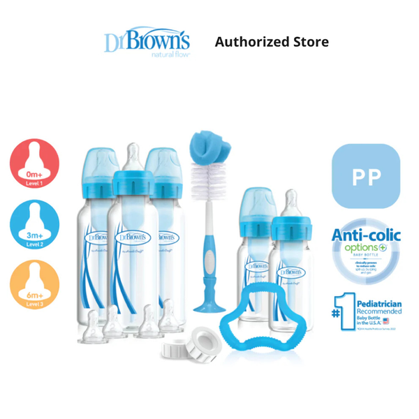 Dr. Brown's Anti-Colic Options+ PP Narrow Neck Baby Bottle Gift Set - BPA/PFOA Free, Silicone Nipple, Anti-Reflux - Blue/Pink