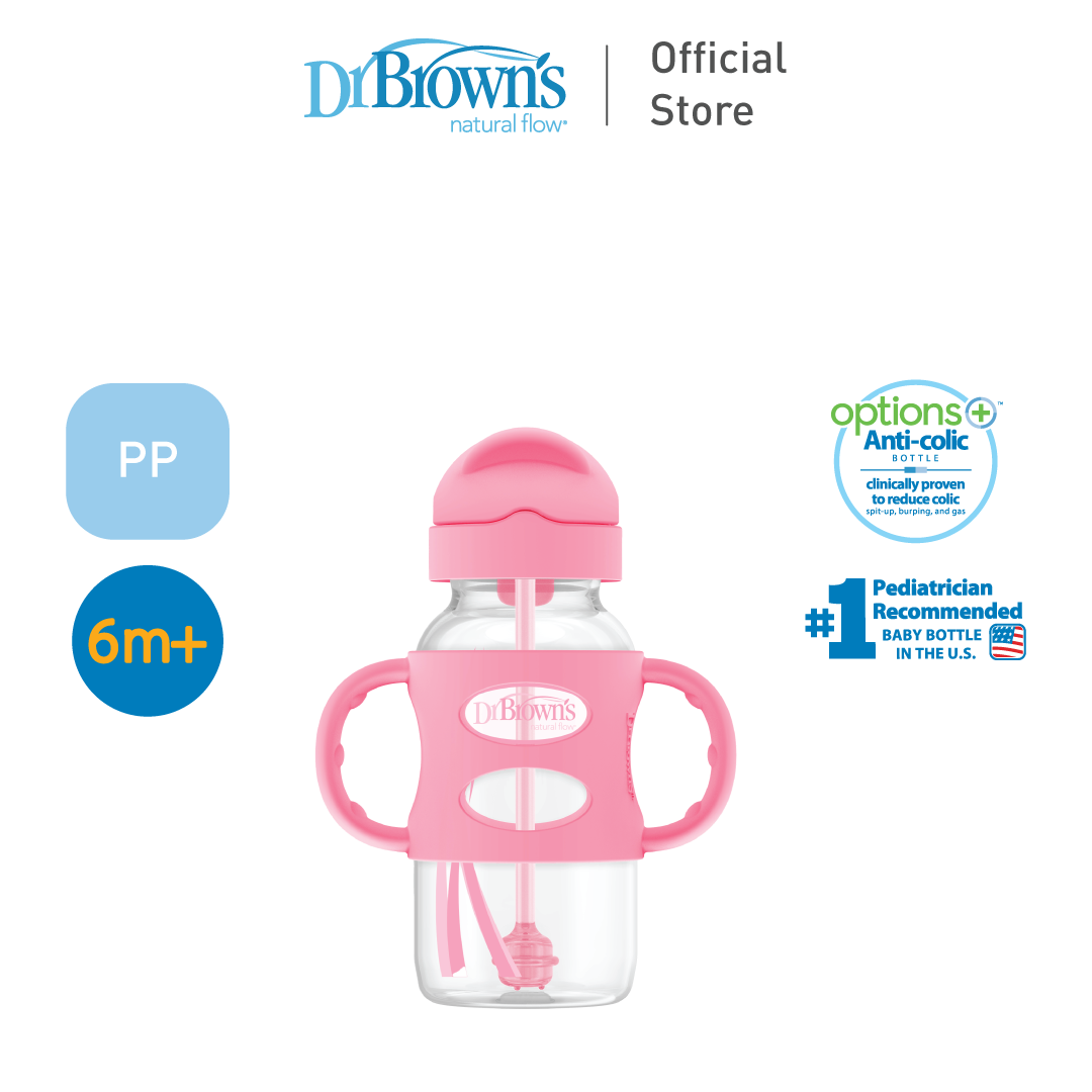 Dr. Brown's Anti-Colic Options+ PP Wide Neck 9oz/270ml Sippy Straw Bottle, (Pink/Green), 1 Bottle, Level 1 Teat