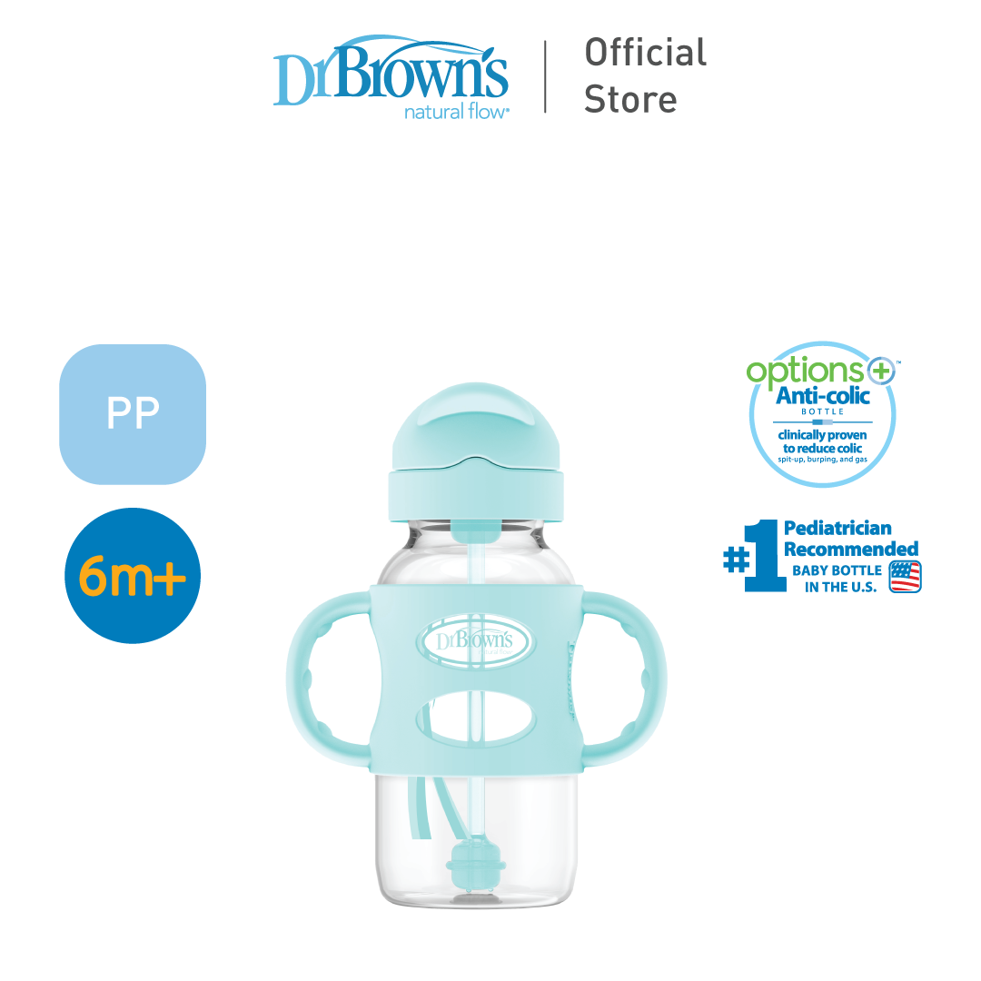 Dr. Brown's Anti-Colic Options+ PP Wide Neck 9oz/270ml Sippy Straw Bottle, (Pink/Green), 1 Bottle, Level 1 Teat