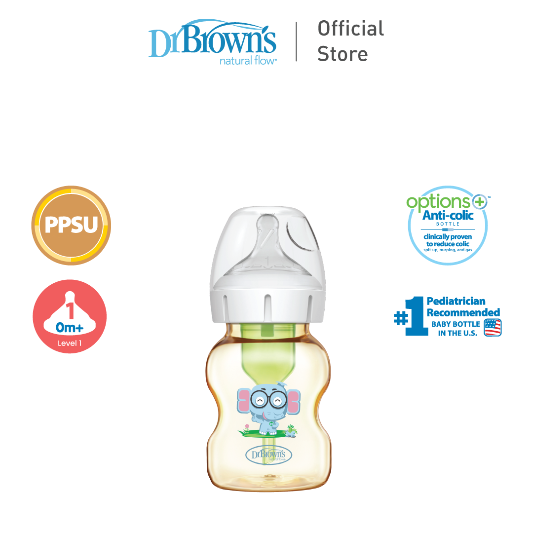 Dr. Brown’s Anti-Colic Options+ PPSU Wide Neck 5oz/150ml Bottle, Elephant, 1 Bottle, Level 1 Teat