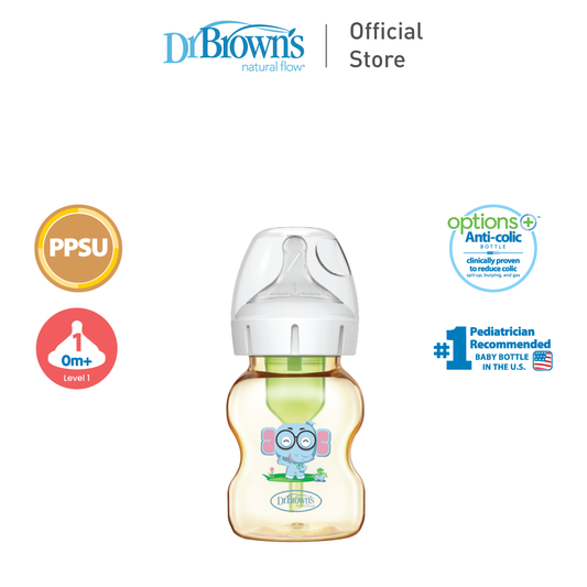 Dr. Brown’s Anti-Colic Options+ PPSU Wide Neck 5oz/150ml Bottle, Elephant, 1 Bottle, Level 1 Teat