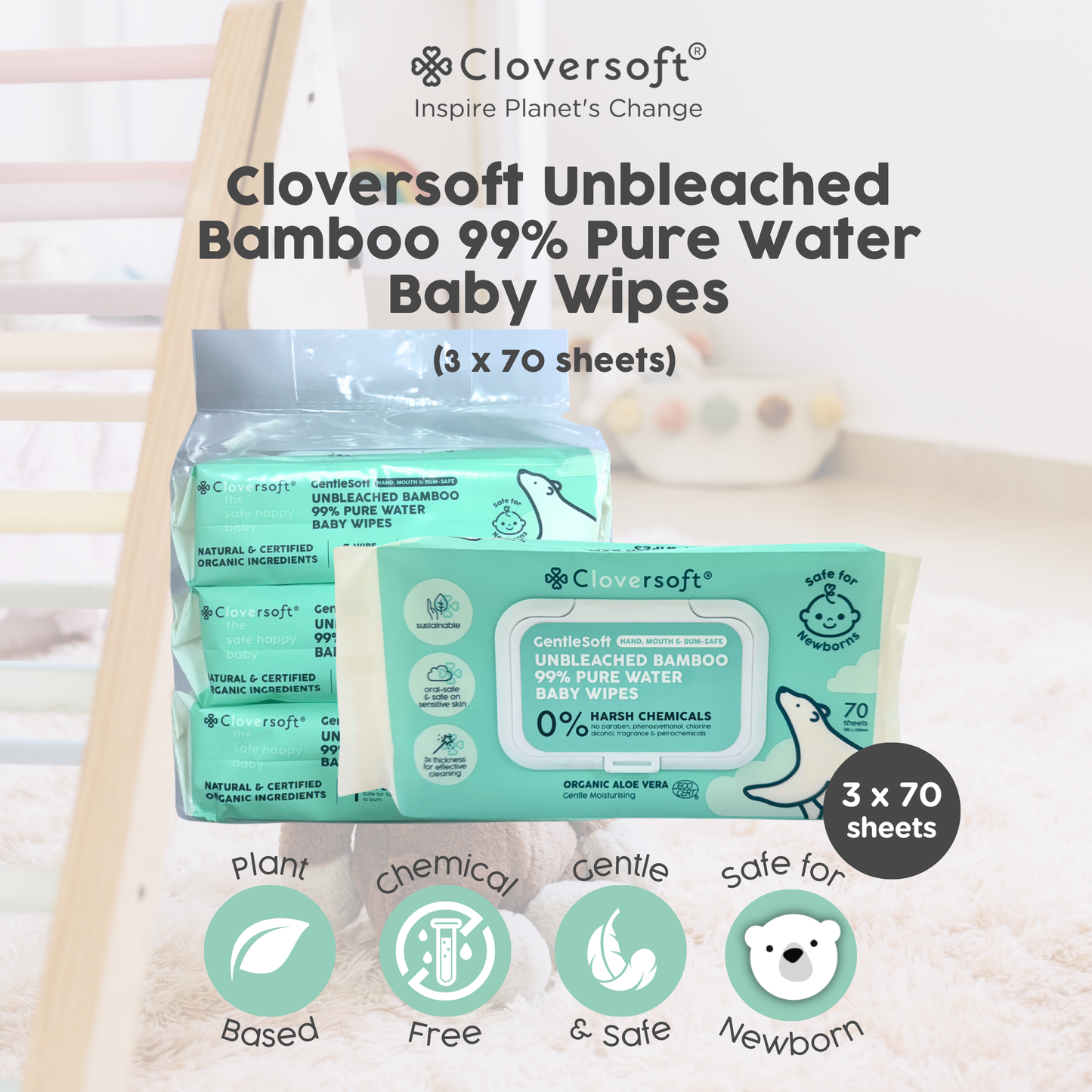 Cloversoft Unbleached Bamboo Organic Pure Water Baby Wipes