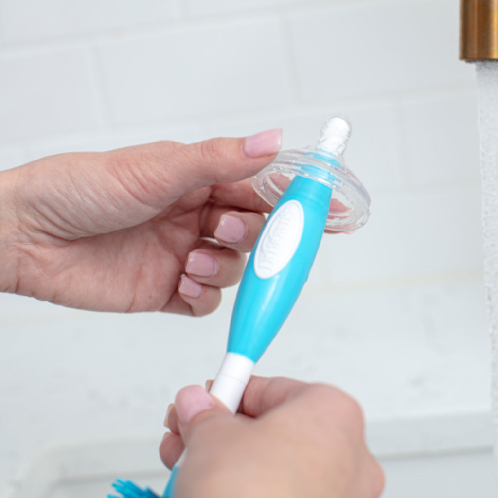 Dr. Brown's Soft Touch Baby Feeding Bottle Brush (Non-Metal, No Sponge), Blue/Pink/Grey