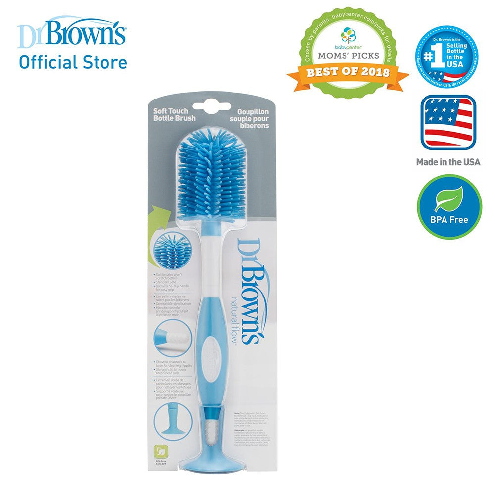 Dr. Brown's Soft Touch Baby Feeding Bottle Brush (Non-Metal, No Sponge), Blue/Pink/Grey