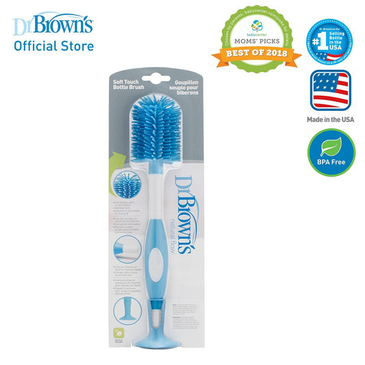 Dr. Brown's Soft Touch Baby Feeding Bottle Brush (Non-Metal, No Sponge), Blue/Pink/Grey