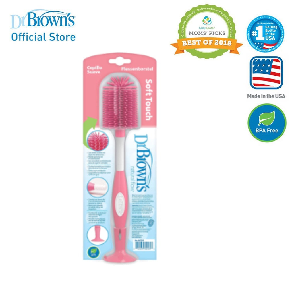 Dr. Brown's Soft Touch Baby Feeding Bottle Brush (Non-Metal, No Sponge), Blue/Pink/Grey