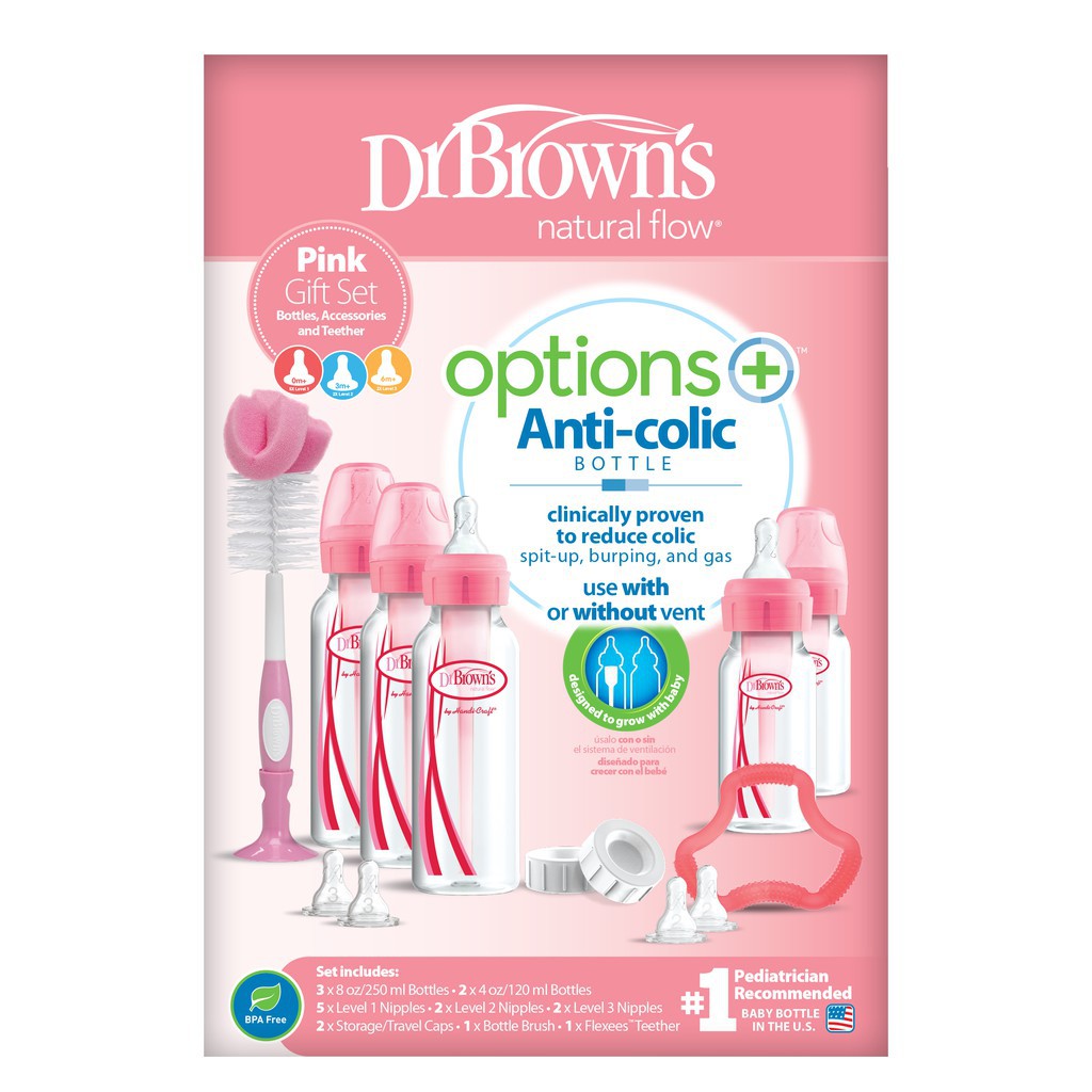 Dr. Brown's Anti-Colic Options+ PP Narrow Neck Baby Bottle Gift Set - BPA/PFOA Free, Silicone Nipple, Anti-Reflux - Blue/Pink