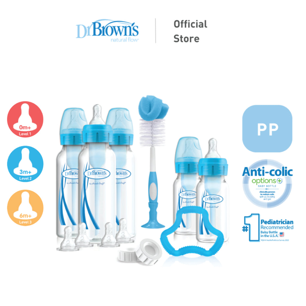 Dr. Brown's Anti-Colic Options+ PP Narrow Neck Baby Bottle Gift Set - BPA/PFOA Free, Silicone Nipple, Anti-Reflux - Blue/Pink