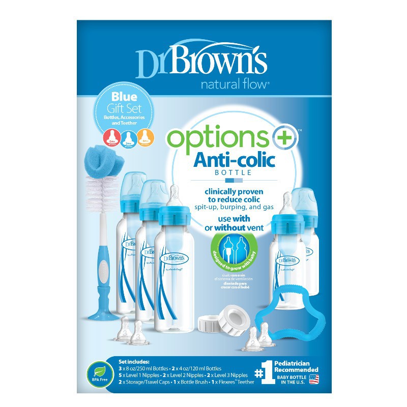 Dr. Brown's Anti-Colic Options+ PP Narrow Neck Baby Bottle Gift Set - BPA/PFOA Free, Silicone Nipple, Anti-Reflux - Blue/Pink