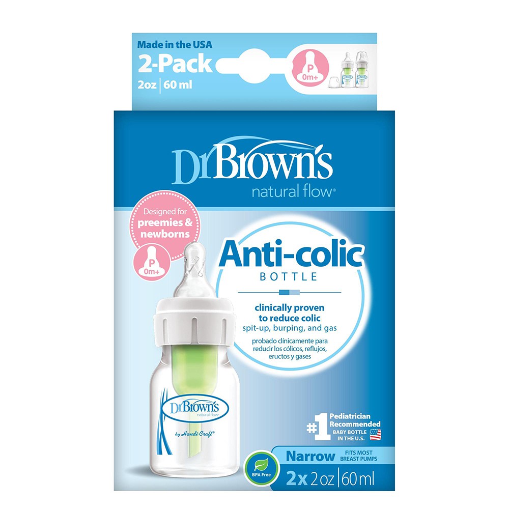 Dr. Brown's Anti-Colic Newborn Options+ PP Narrow Neck 2oz/60ml Bottle, 2 Bottles, Preemie Teat