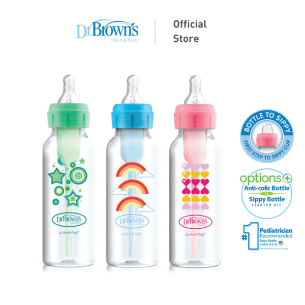 Dr. Brown's Anti-Colic Options+ PP Narrow Neck Sippy Starter Kit 8oz/250ml Bottle, Rainbow/Stars/Hearts, 1 Bottle, Level 3 Teat + Sippy Teat