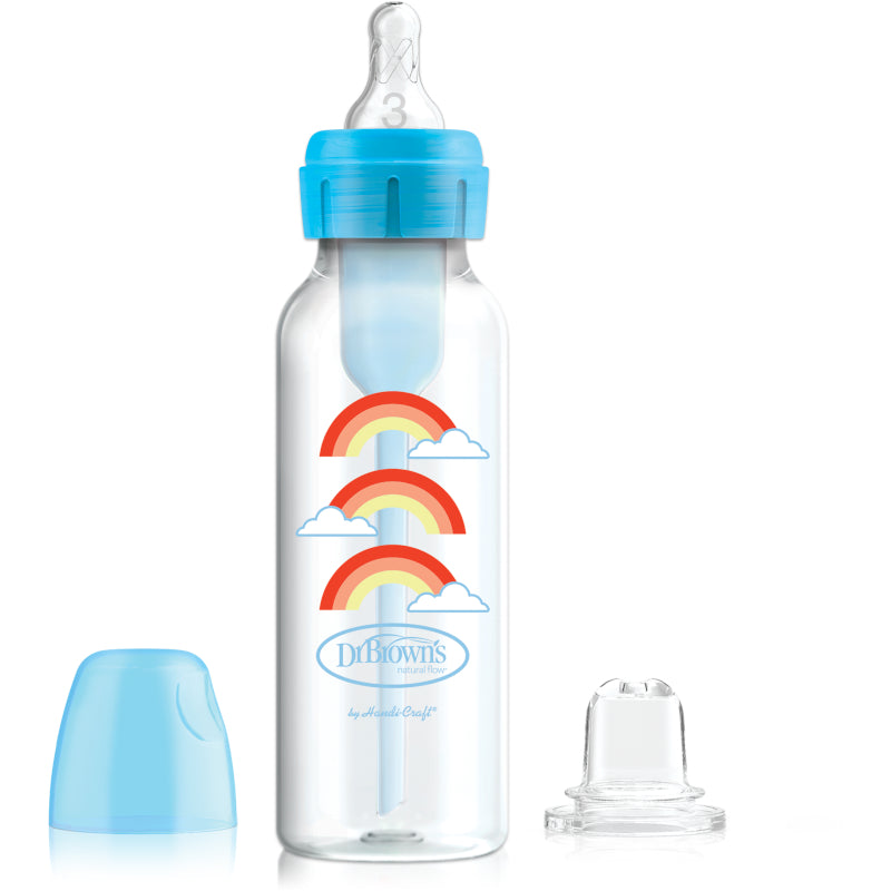 Dr. Brown's Anti-Colic Options+ PP Narrow Neck Sippy Starter Kit 8oz/250ml Bottle, Rainbow/Stars/Hearts, 1 Bottle, Level 3 Teat + Sippy Teat