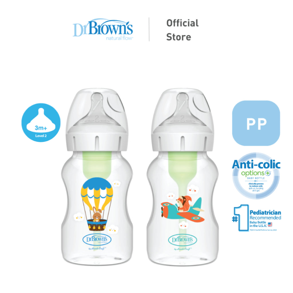 Dr. Brown’s Options+ PP Wide-Neck 11oz/330ml Feeding Bottle, Squirrel Pilot/Balloon Bunny, 1 Bottle with Level 2 teat