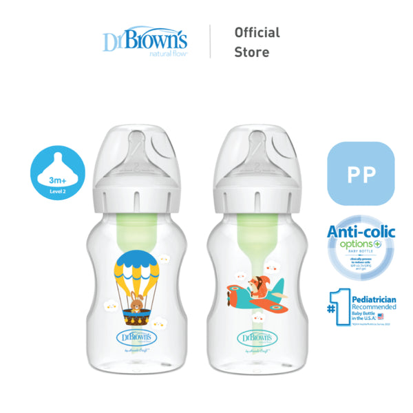 Dr. Brown’s Anti-Colic Options+ PP Wide Neck 11oz/330ml Bottle, Squirrel Pilot/Balloon Bunny, 1 Bottle, Level 2 teat