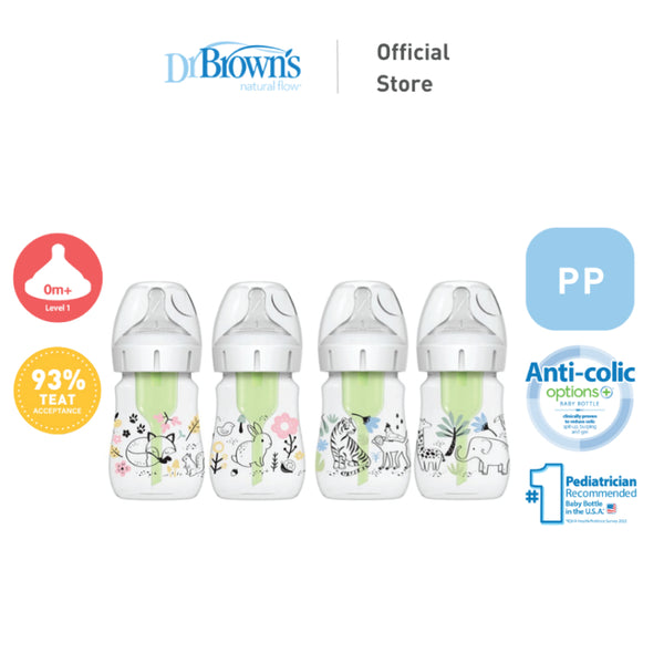 Dr. Brown’s Anti-Colic Newborn Options+ PP Wide Neck 5oz/150ml Bottle, Jungle/Woodland, 2 Bottles, Level 1 Teat