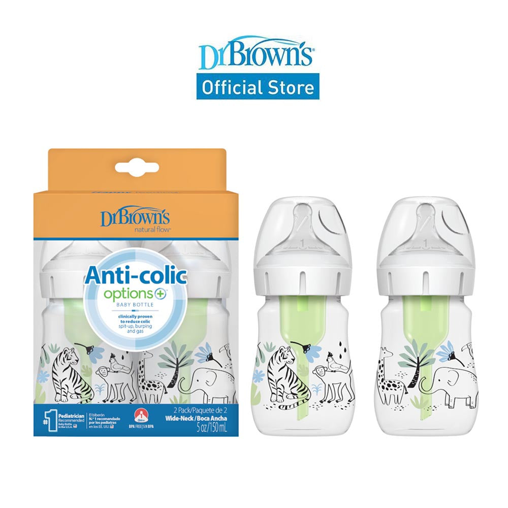 Dr Brown's Options+ PP Wide-Neck 5oz/150mL Feeding Bottle, Jungle/Woodland, 2 Bottles with Level 1 Teat