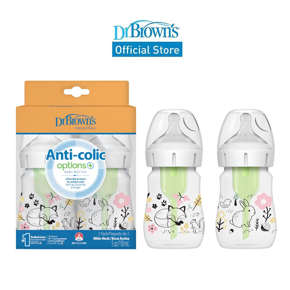 Dr Brown's Options+ PP Wide-Neck 5oz/150mL Feeding Bottle, Jungle/Woodland, 2 Bottles with Level 1 Teat