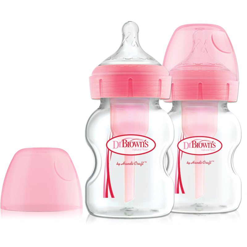 Dr. Brown's Anti-Colic Newborn Options+ PP Wide Neck 5oz/150ml Bottle, White/Pink, 2 Bottles, Level 1 Teat