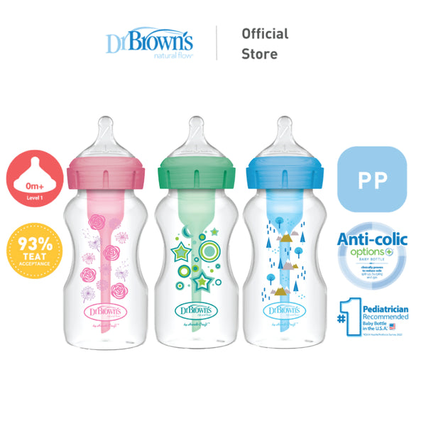 Dr. Brown’s Anti-Colic Options+ PP Wide Neck 9oz/270ml Bottle, Floral/Alphine/Star, 1 Bottle, Level 1 Teat