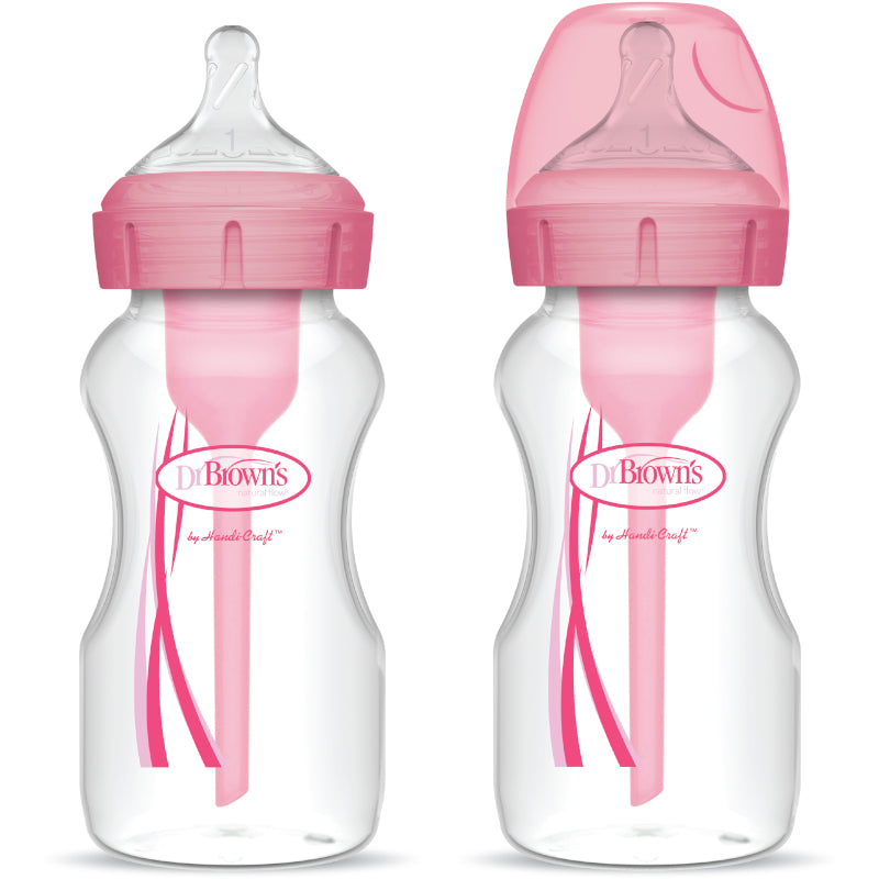 Dr. Brown's Anti-Colic Options+ PP Wide Neck 9oz/270ml Bottle, Pink/White/Blue/Purple, 2 Bottles, Level 1 Teat