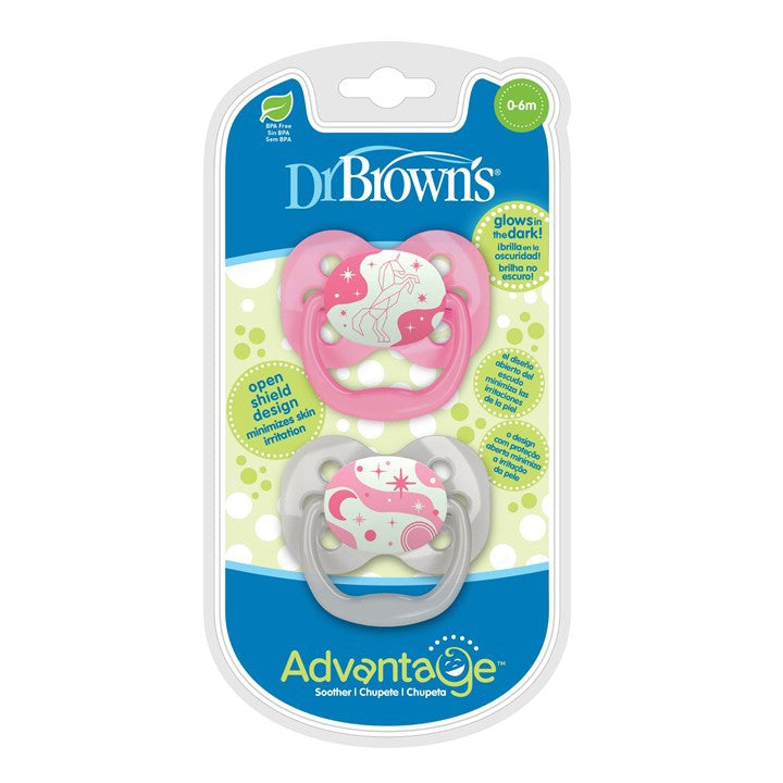 Dr. Brown's Advantage™ Glow in the Dark Pacifiers, Stage 1 for 0-6months, Pink/Blue, 2 Pieces