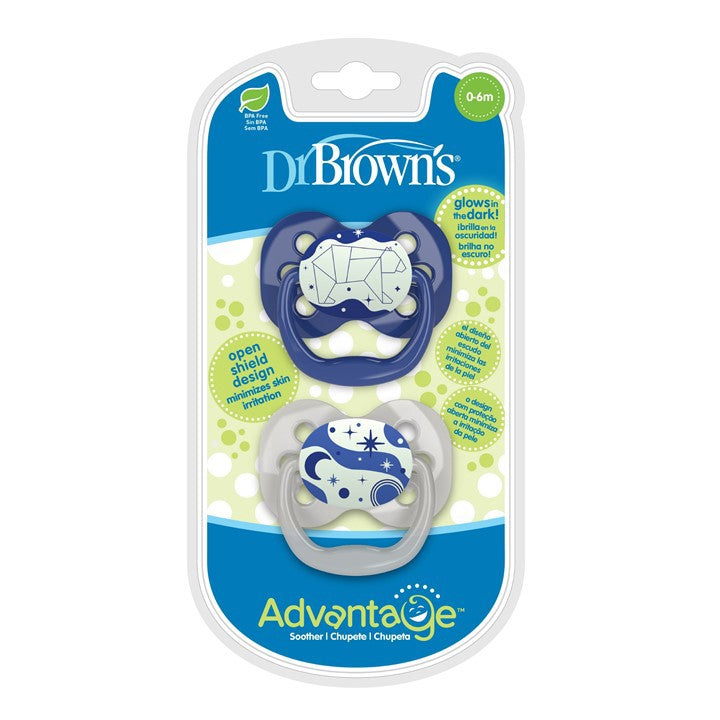 Dr. Brown's Advantage™ Glow in the Dark Pacifiers, Stage 1 for 0-6months, Pink/Blue, 2 Pieces