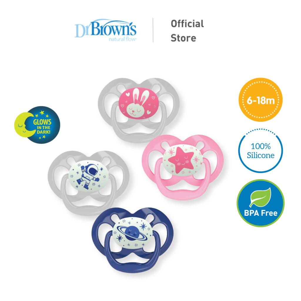 Dr. Brown's Advantage™ Glow in the Dark Pacifiers, Stage 2 for 6months+, Pink/Blue, 2 Pieces