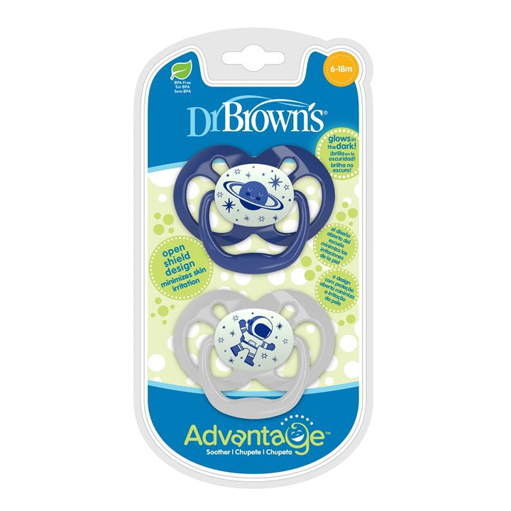 Dr. Brown's Advantage™ Glow in the Dark Pacifiers, Stage 2 for 6months+, Pink/Blue, 2 Pieces