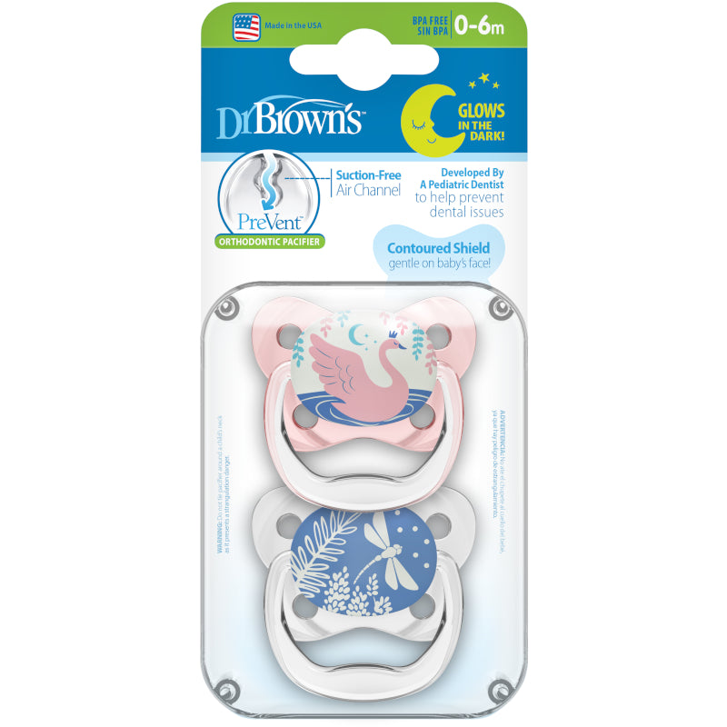 Dr. Brown's PreVent™ Glow in the Dark Orthodontic Pacifier, Stage 1 for 0-6months, Suction-Free & Breathable, Unisex, 2 Pieces