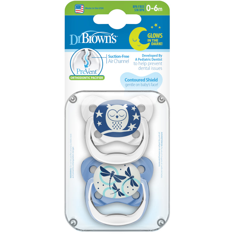 Dr. Brown's PreVent™ Glow in the Dark Orthodontic Pacifier, Stage 1 for 0-6months, Suction-Free & Breathable, Unisex, 2 Pieces