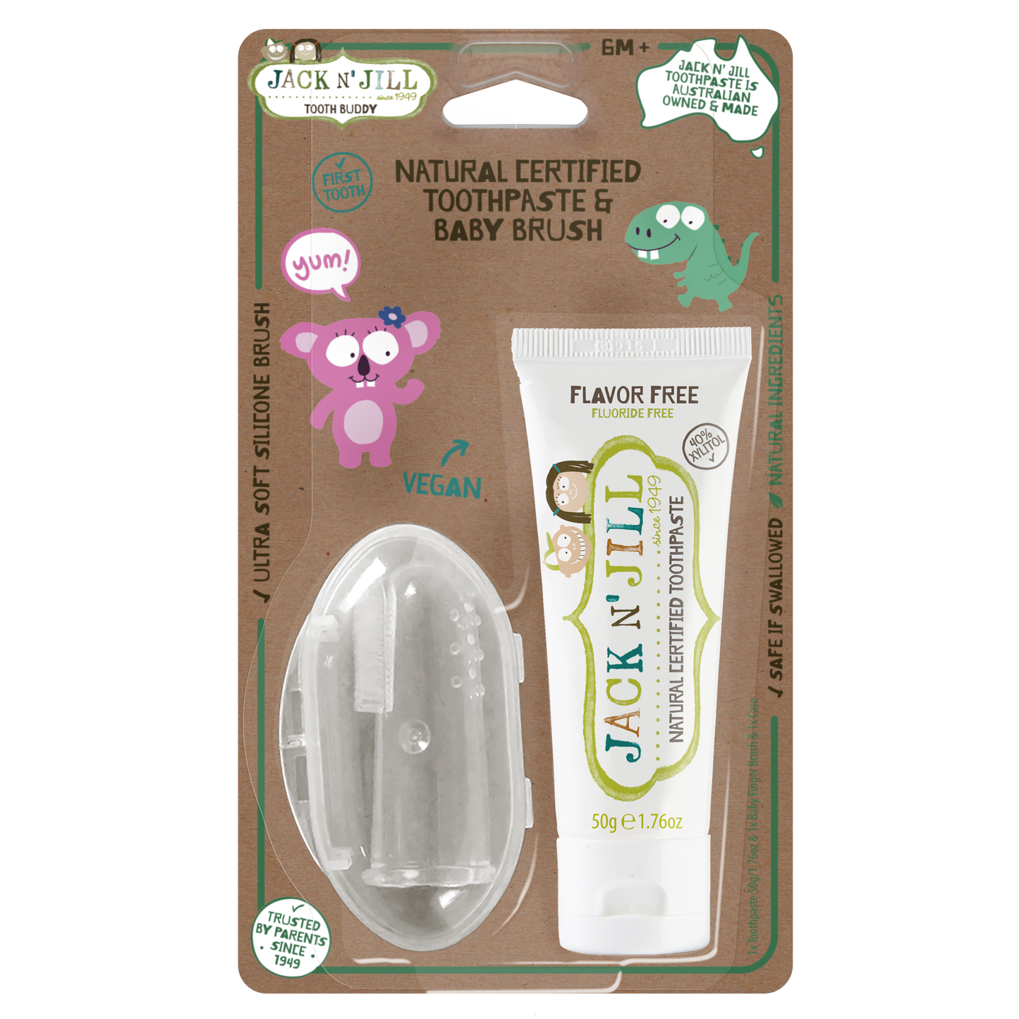 Jack N' Jill Tooth Buddy Pack - Natural Certified Toothpaste Flavor Free + Silicone Finger Brush