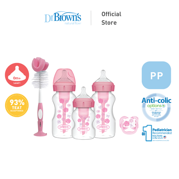 CLERANCE Dr. Brown's Anti-Colic Options+ PP Wide Neck Baby Bottle Gift Set - BPA/PFOA Free, Silicone Nipple, Anti-Reflux - Pink
