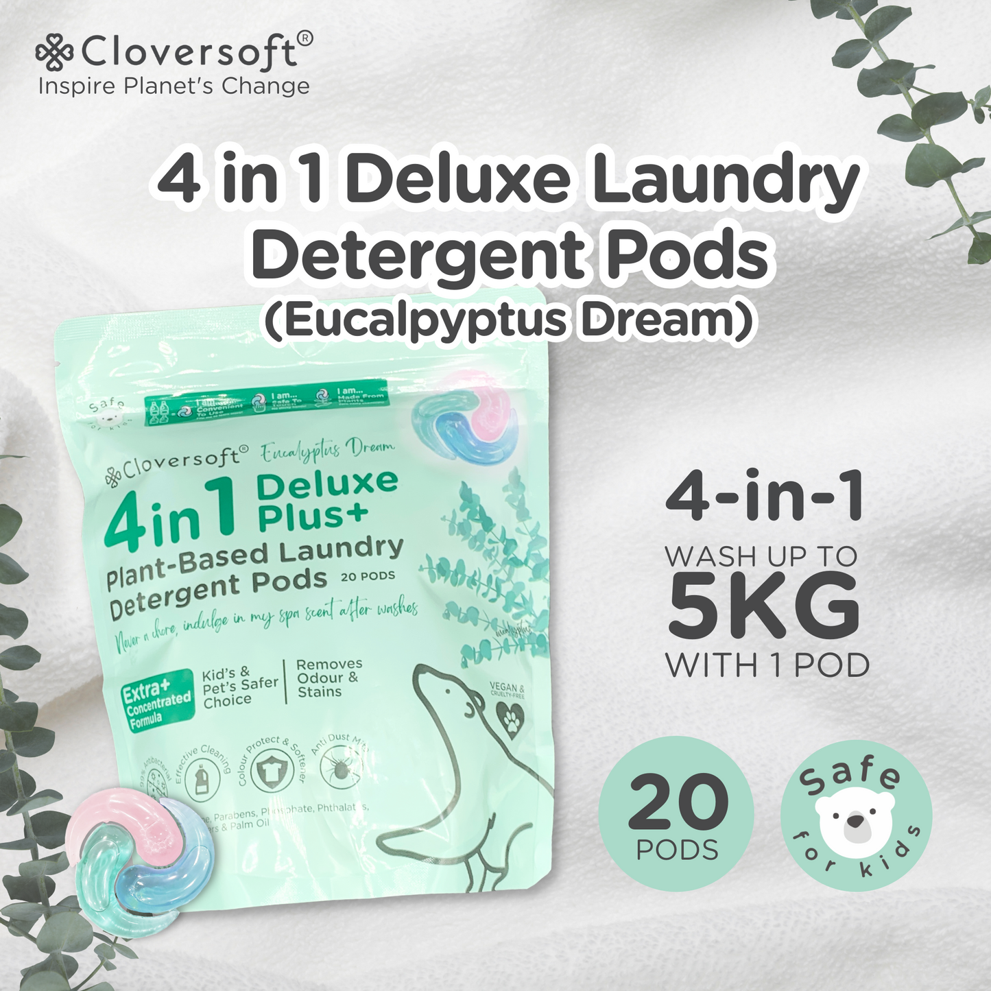 Cloversoft 4 in 1 Deluxe Plus+ Laundry Capsule (Eucalyptus Dreams) 20 Pods
