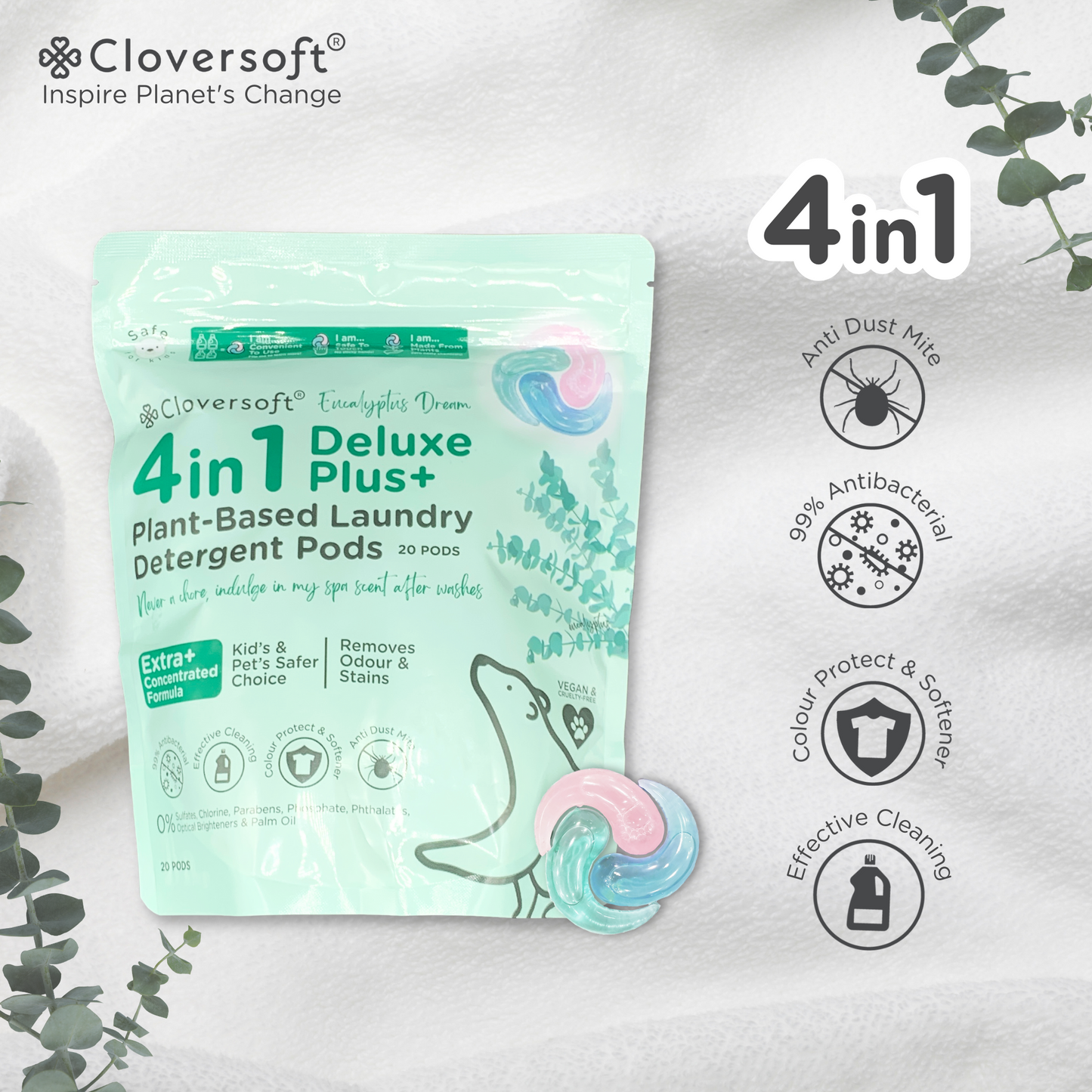 Cloversoft 4 in 1 Deluxe Plus+ Laundry Capsule (Eucalyptus Dreams) 20 Pods