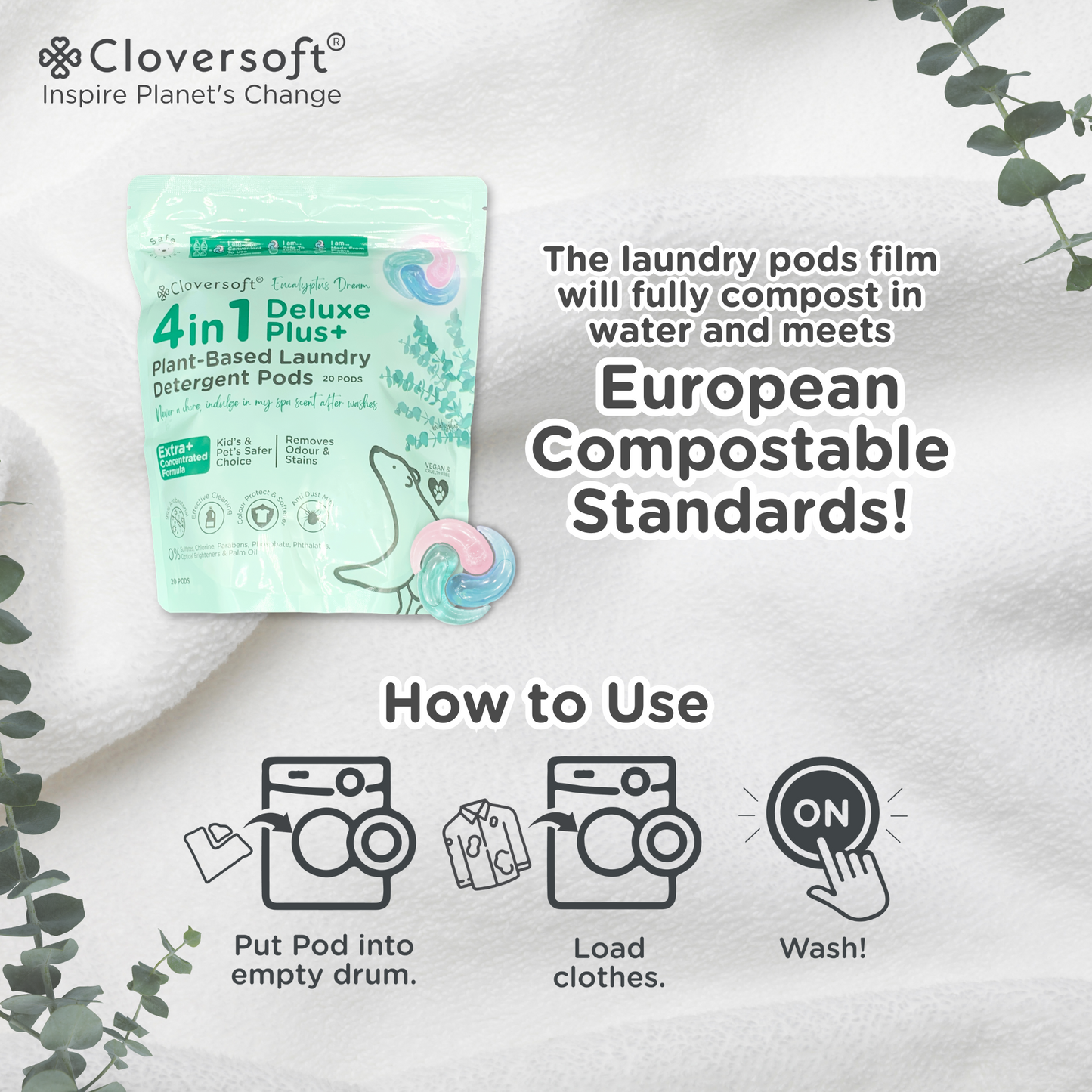 Cloversoft 4 in 1 Deluxe Plus+ Laundry Capsule (Eucalyptus Dreams) 20 Pods