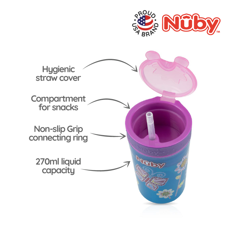 Nuby Snack N Sip 1Pk 270Ml Printed Cup With Thin Straw And Snack Cup