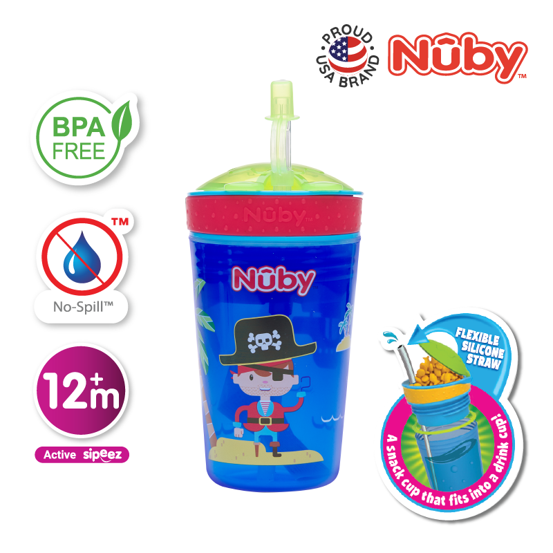 Nuby Snack N Sip 1Pk 270Ml Printed Cup With Thin Straw And Snack Cup