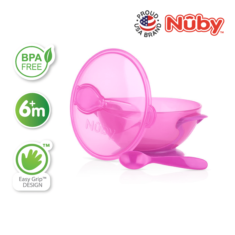 Nuby Garden Fresh Suction Bowl W/Spoon And Lid “ Lid Has Carved Out Place That Spoon Fits Inside