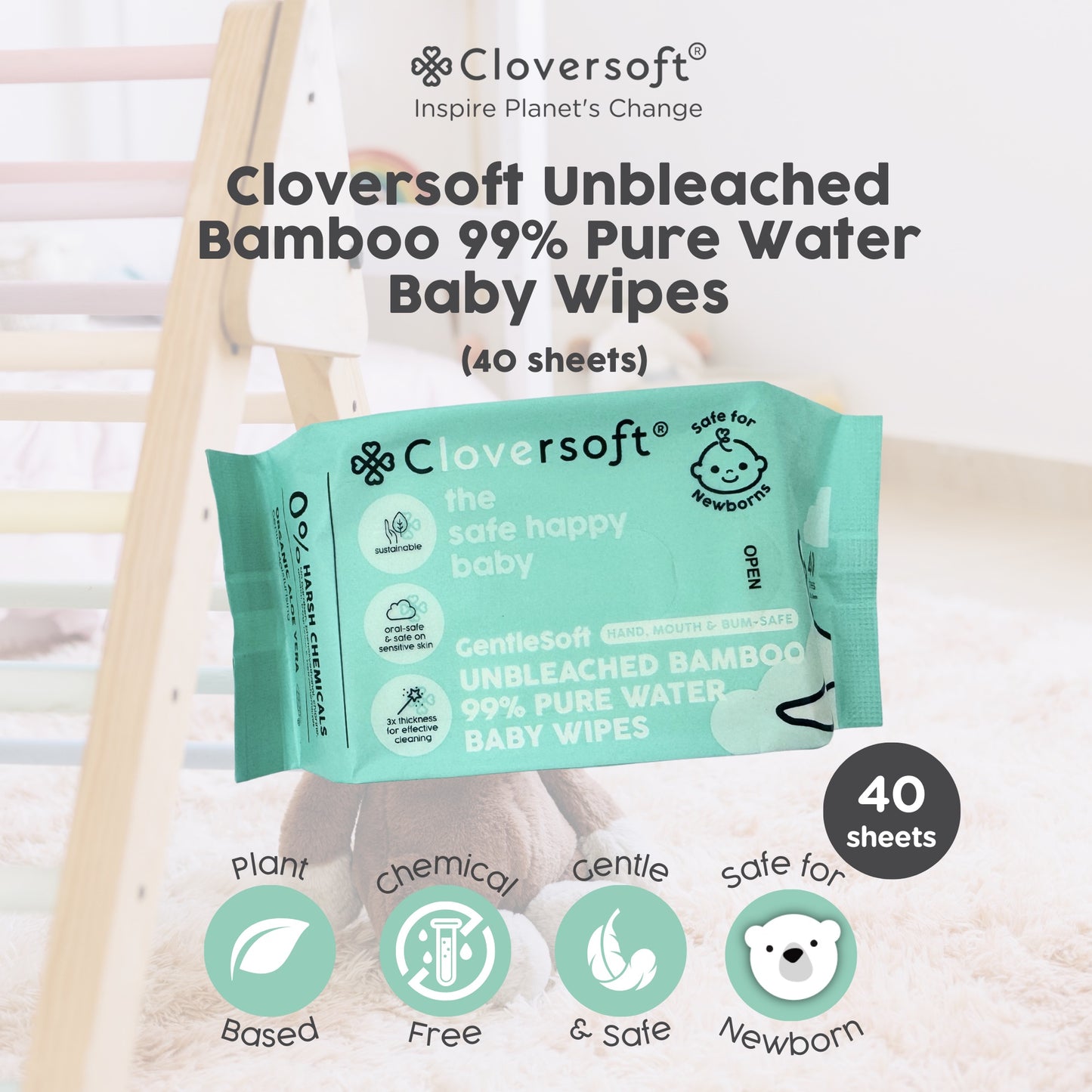 Cloversoft Unbleached Bamboo Organic Pure Water Baby Wipes