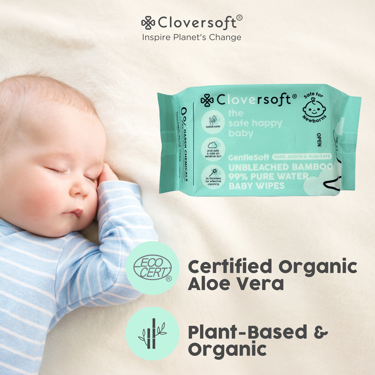 Cloversoft Unbleached Bamboo Organic Pure Water Baby Wipes