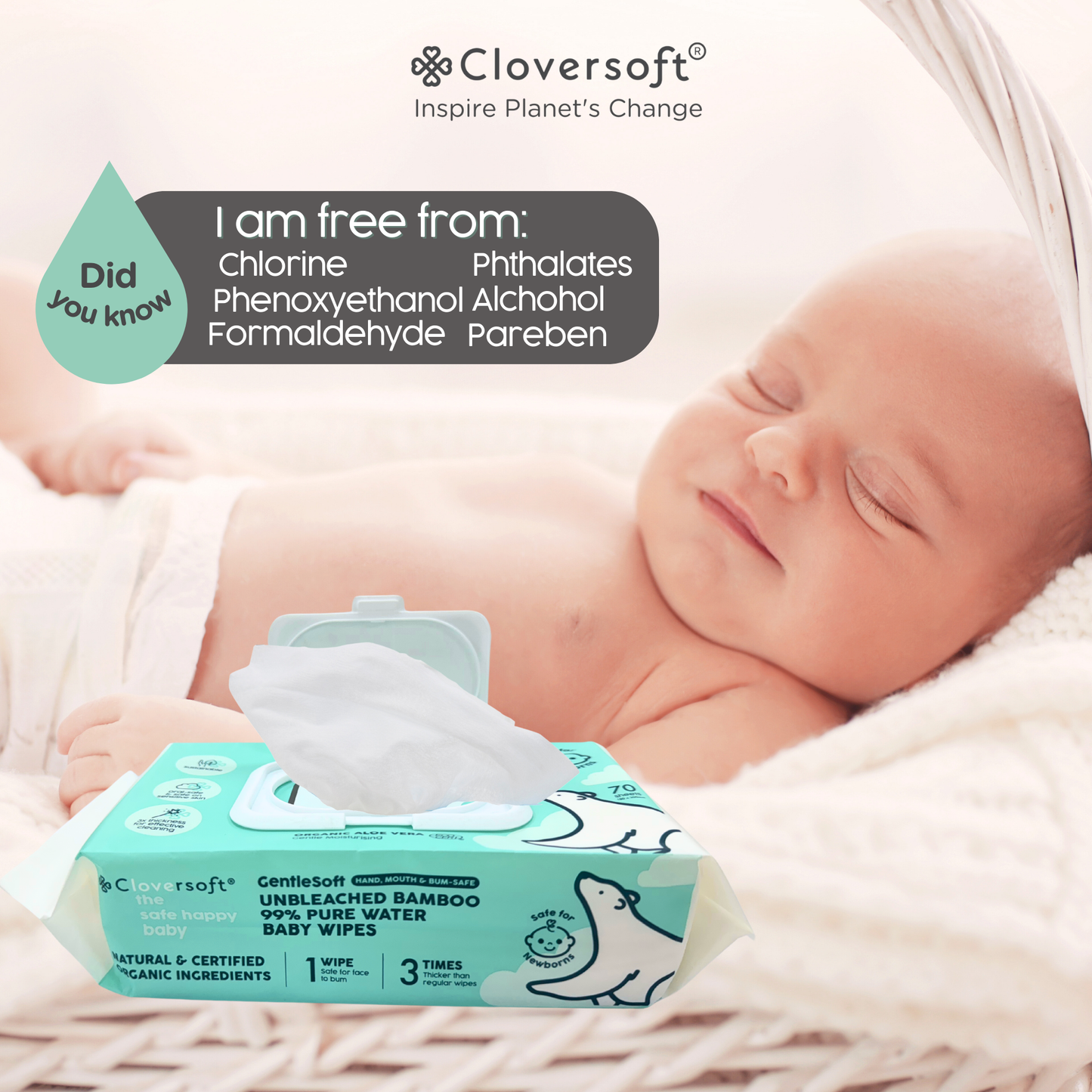 Cloversoft Unbleached Bamboo Organic Pure Water Baby Wipes