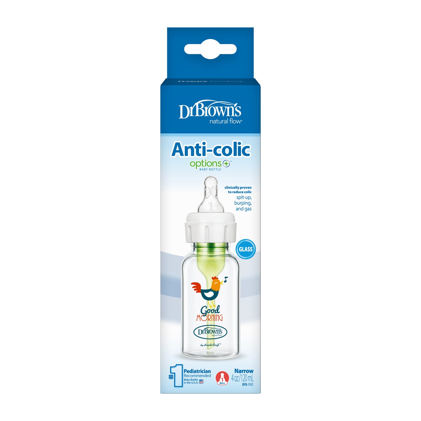 Dr. Brown's Anti-Colic Newborn Options+ Glass Narrow Neck 4oz/120ml Bottle, Rooster, 1 Bottle, Level 1 Teat