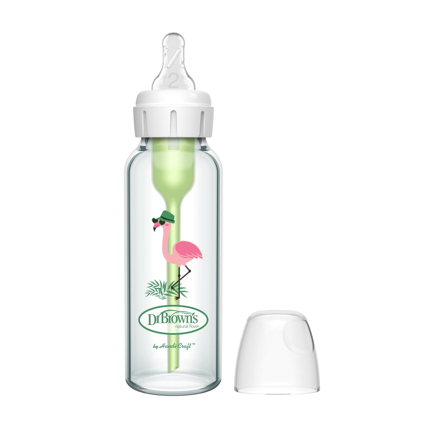 Dr. Brown's Anti-Colic Options+ Glass Narrow Neck 8oz/250ml Bottle, Flamingo, 1 Bottle, Level 2 Teat